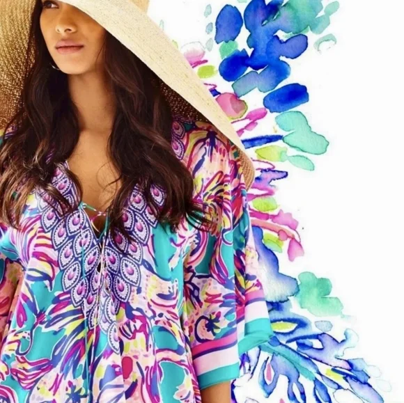 HTF Lilly Pulitzer Lettie Silk Caftan Small Safari Sighted Flowy Oversizedβ Med - Picture 15 of 16